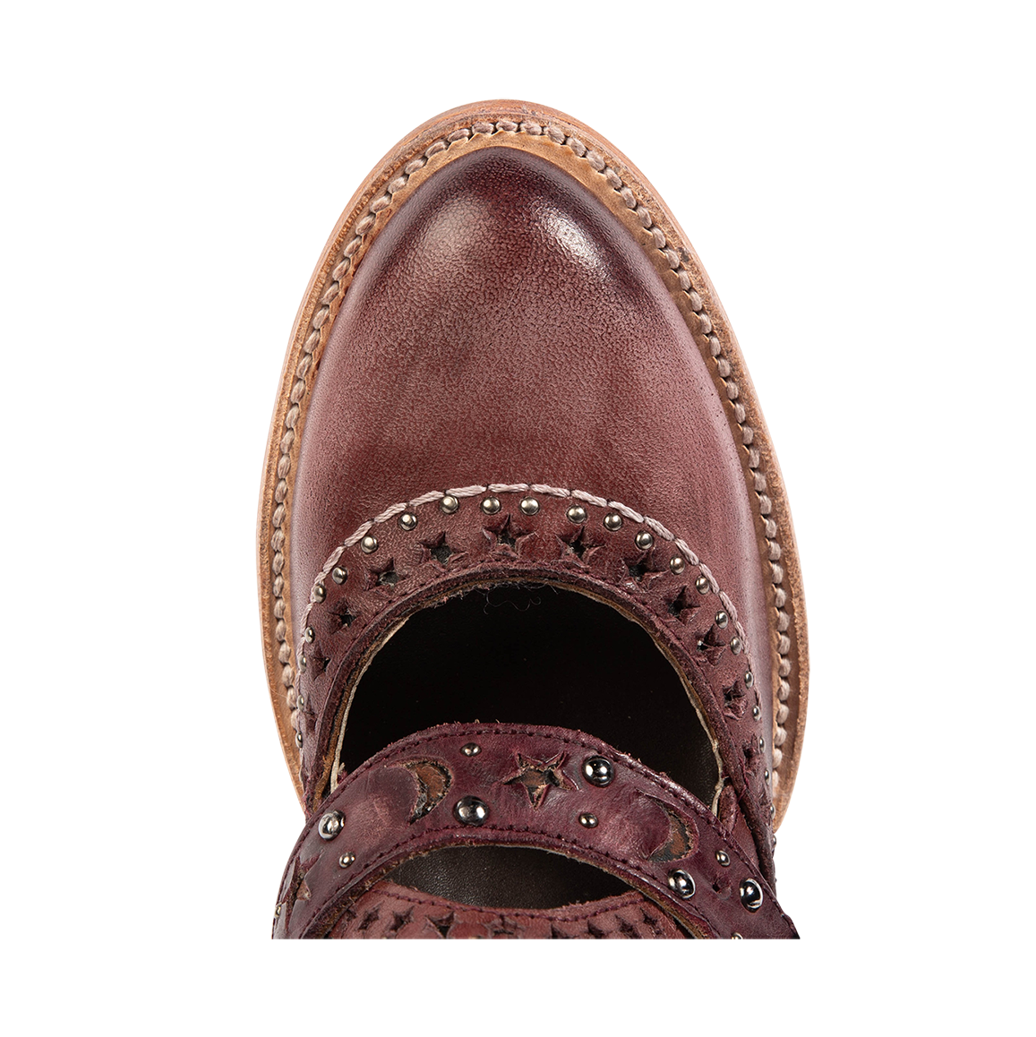 Top view showing an almond toe construction and decorative detailing on FREEBIRD women's Stardom wine bootie
