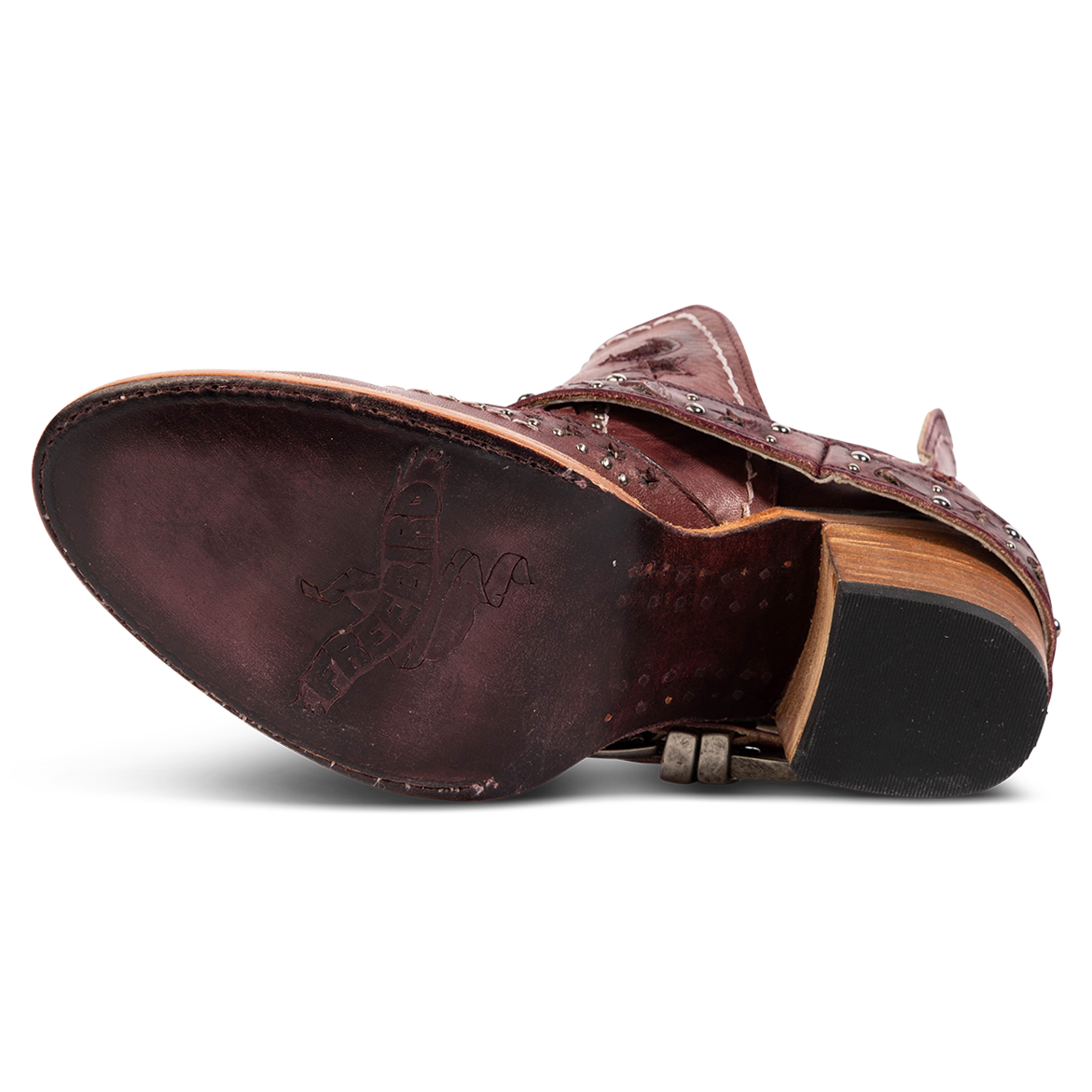Leather sole imprinted with FREEBIRD on women's Stardom wine bootie