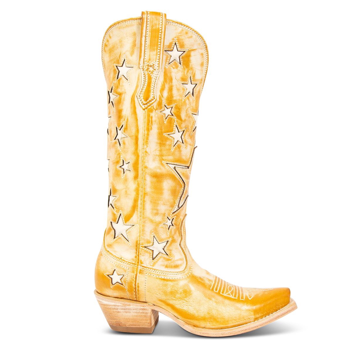 FREEBIRD women's Starzz banana leather cowboy boot with two-toned leather star inlay detailing traditional stitching and snip toe construction