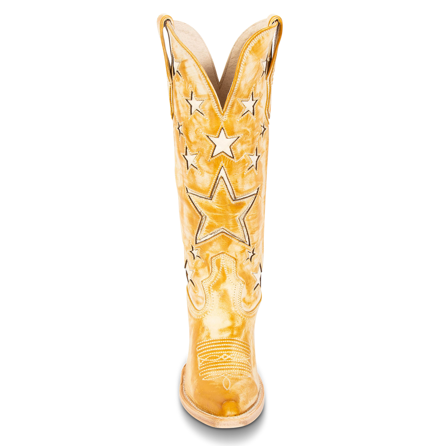 Front view showing two-toned star inlay detailing and front toe stitching on FREEBIRD women's Starzz banana western boot
