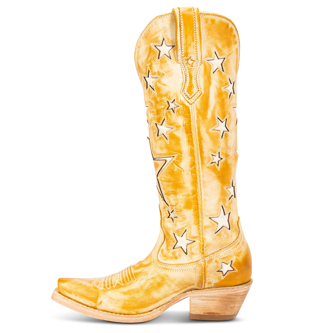 Side view showing two-toned leather and exterior pull strap on FREEBIRD women's Starzz banana western boot