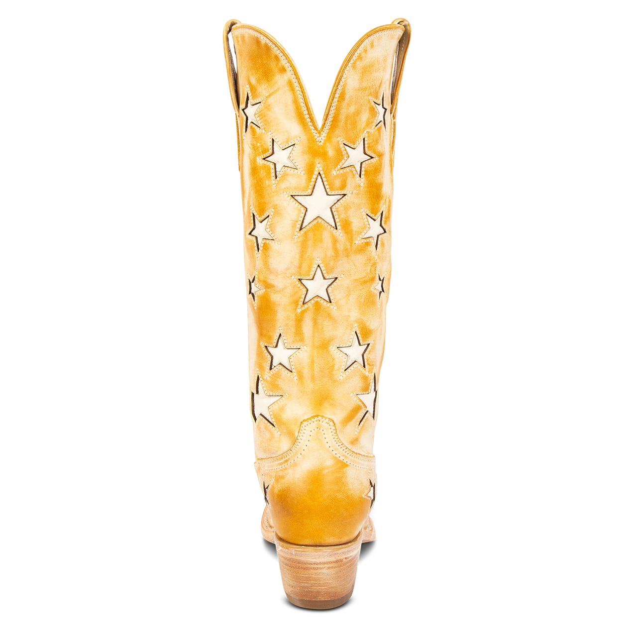 Back view showing star inlay detailing and low heel on FREEBIRD women's Starzz banana western boot