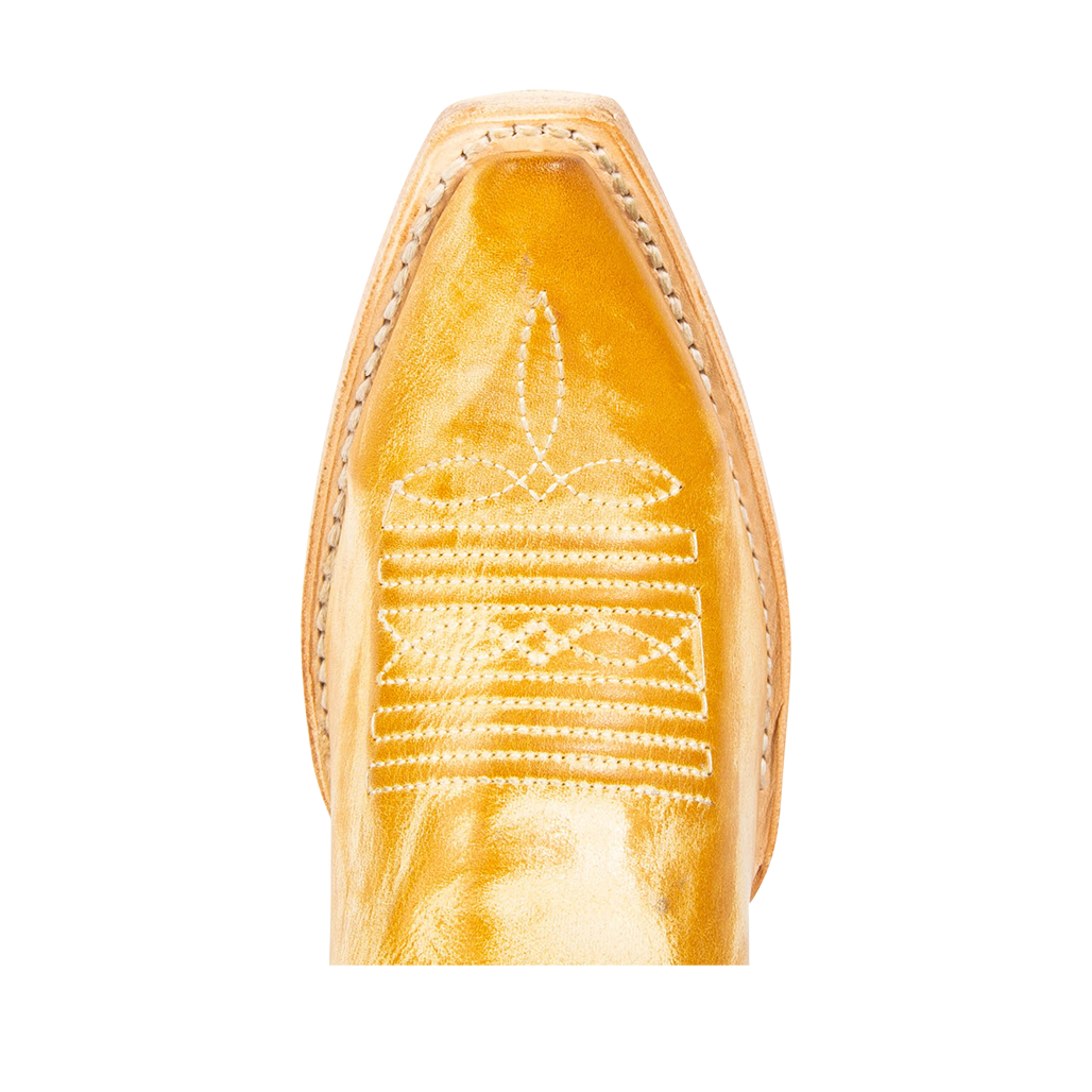 Top view showing snip toe construction and contrasting toe stitching on FREEBIRD women's Starzz banana western boot