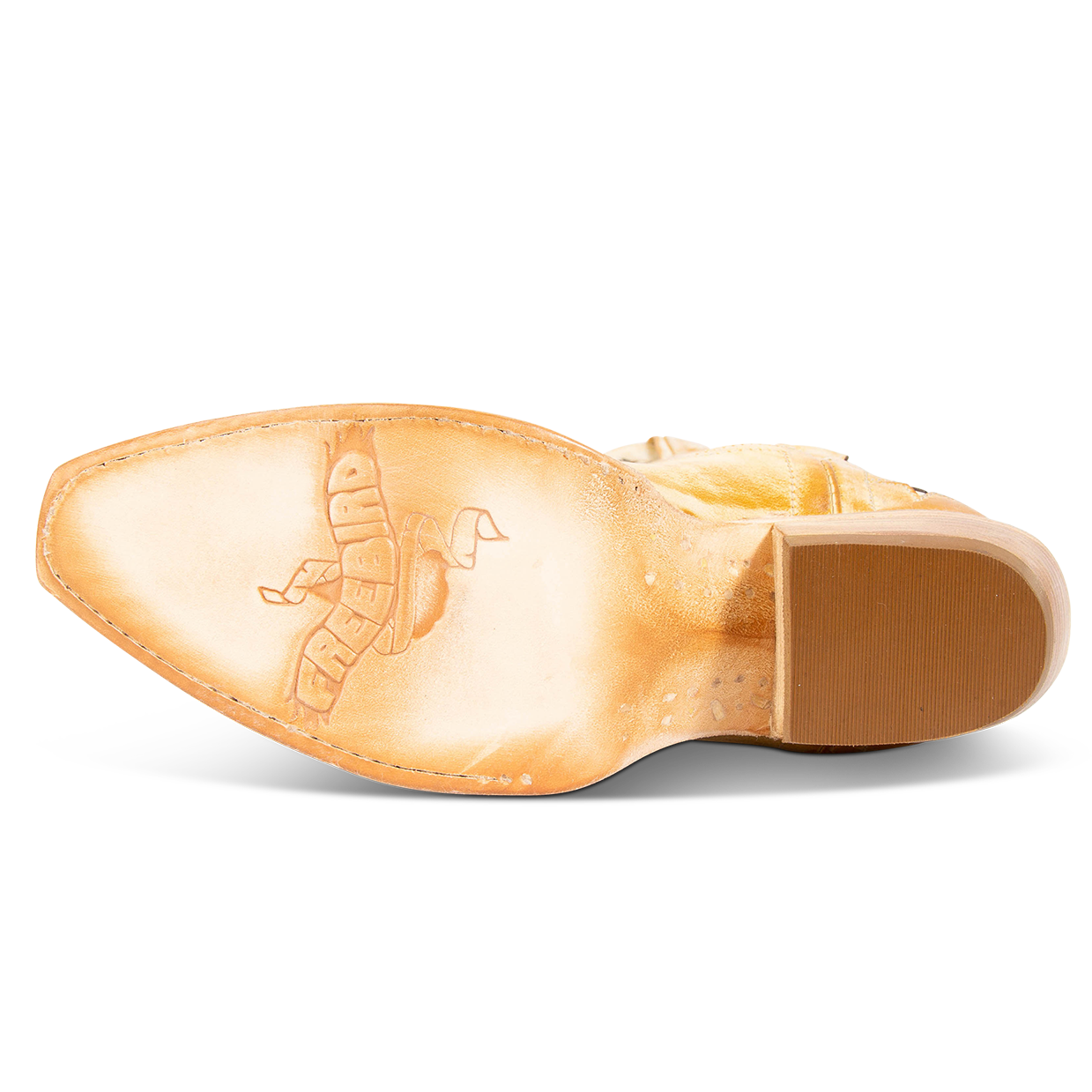 Leather sole imprinted with FREEBIRD on women's Starzz banana western boot