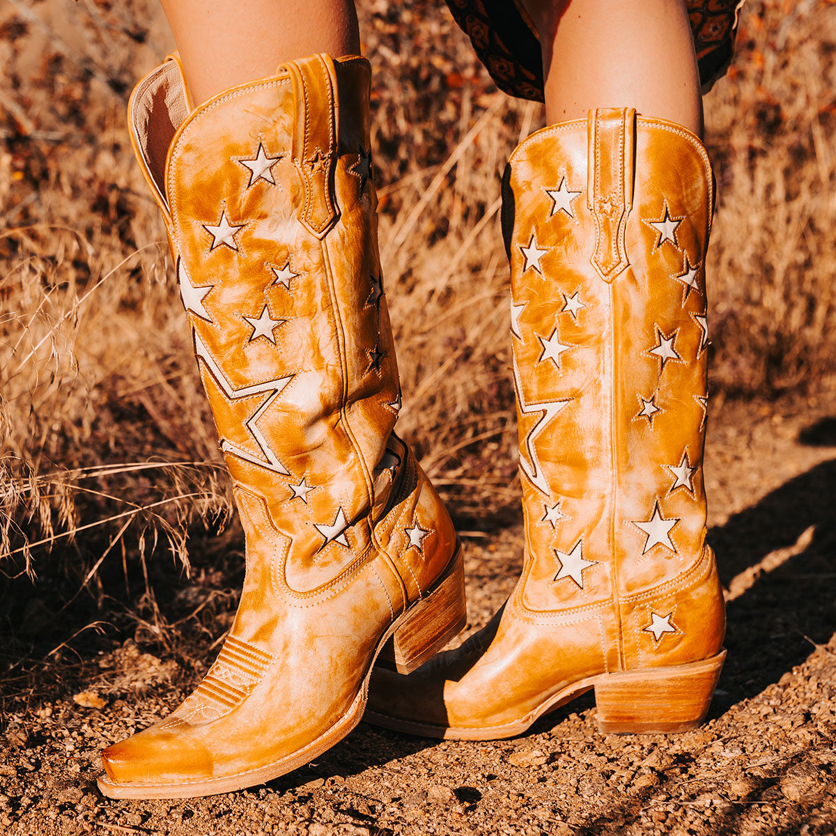 FREEBIRD women's Starzz banana leather cowboy boot with two-toned leather star inlay detailing traditional stitching and snip toe construction