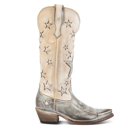 FREEBIRD women's Starzz beige leather cowboy boot with two-toned leather star inlay detailing traditional stitching and snip toe construction