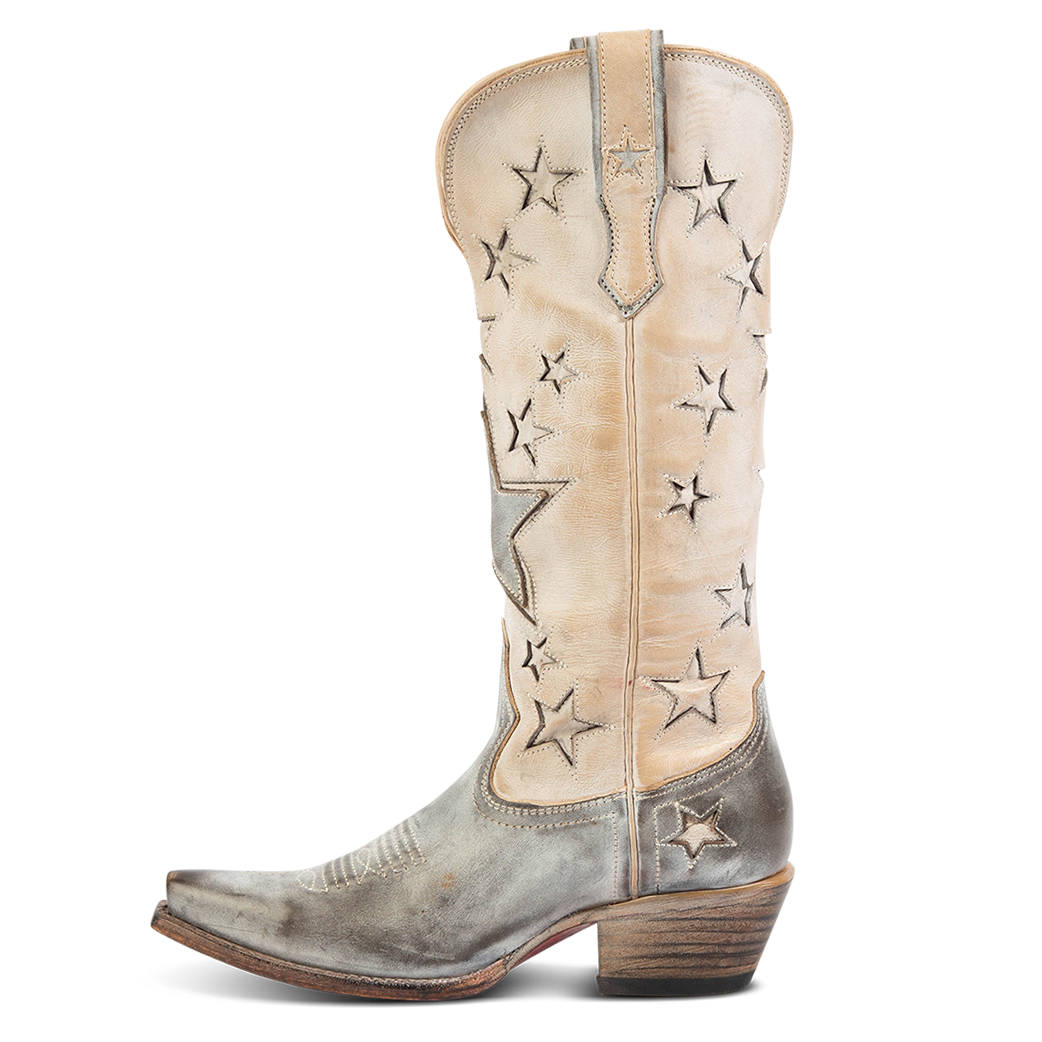 Side view showing two-toned leather and exterior pull strap on FREEBIRD women's Starzz beige western boot