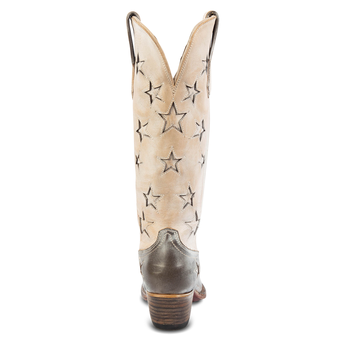 Back view showing star inlay detailing and low heel on FREEBIRD women's Starzz beige western boot