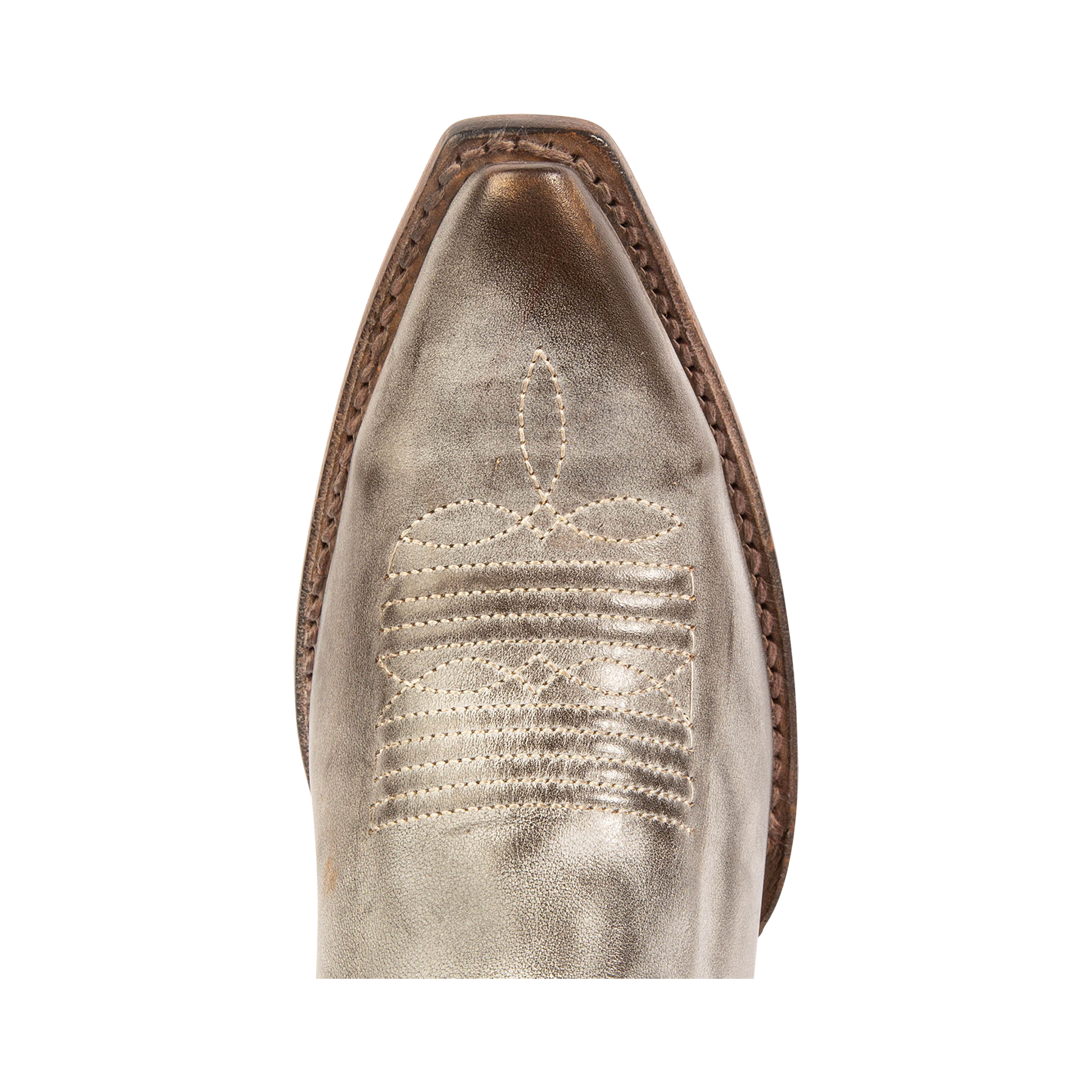 Top view showing snip toe construction and contrasting toe stitching on FREEBIRD women's Starzz beige western boot