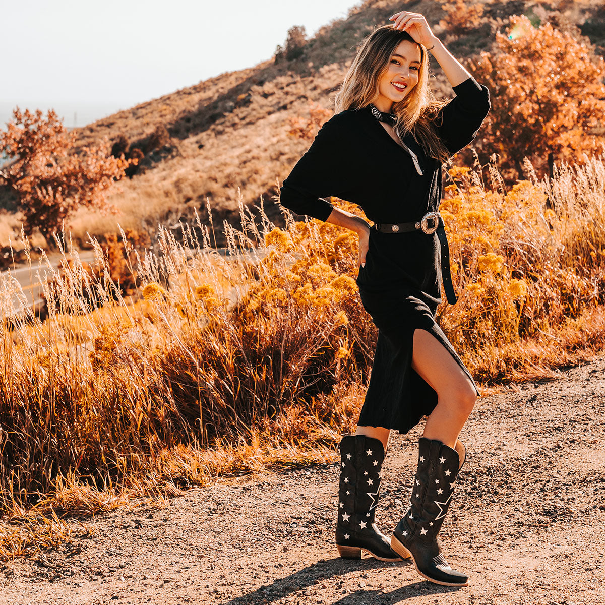 FREEBIRD women's Starzz back multi leather cowboy boot with two-toned leather star inlay detailing traditional stitching and snip toe construction lifestyle