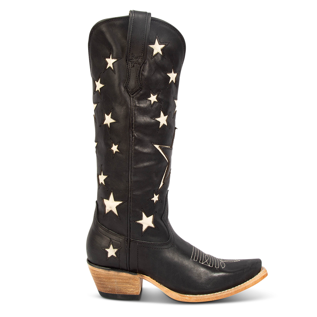 FREEBIRD women's Starzz black multi leather cowboy boot with two-toned leather star inlay detailing traditional stitching and snip toe construction