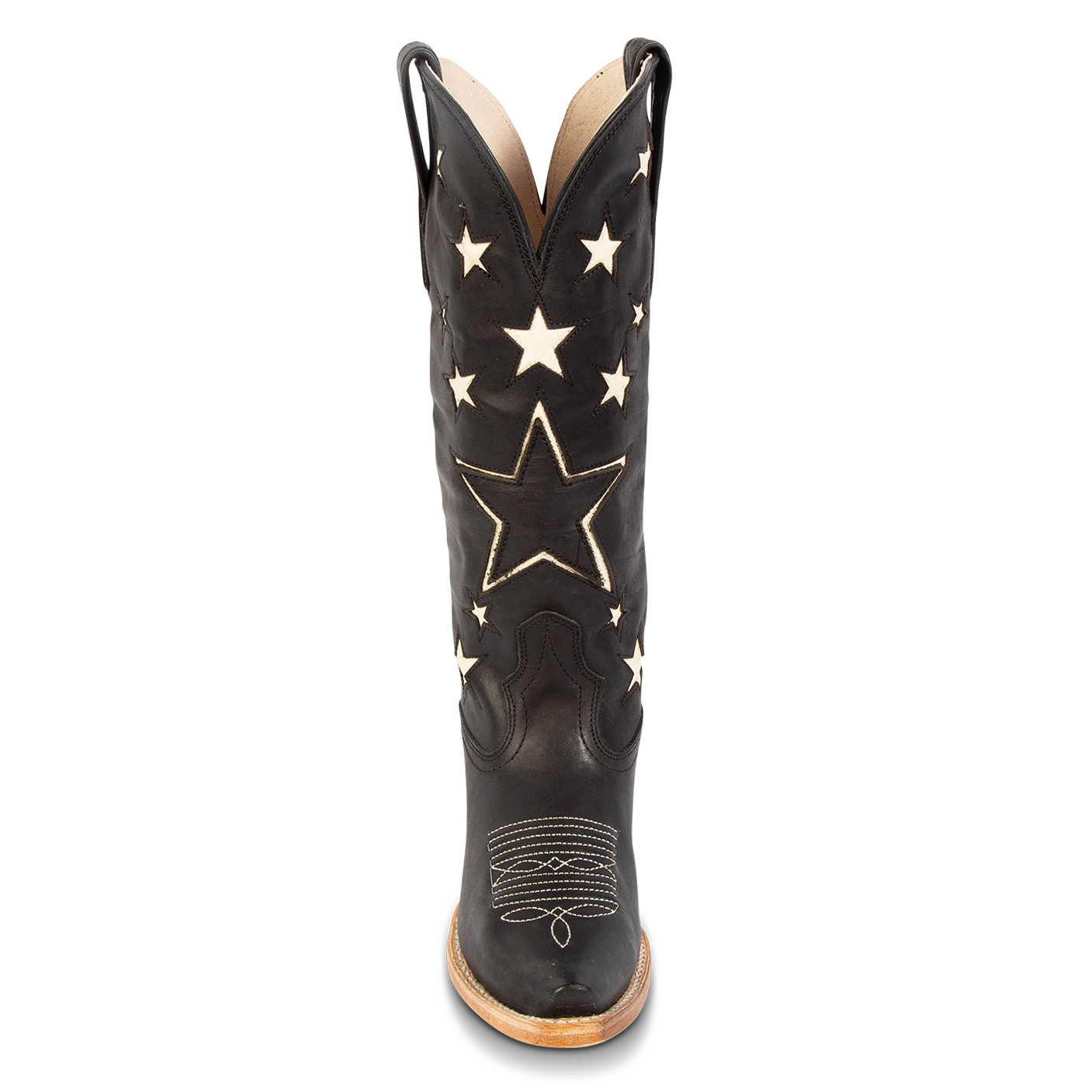Front view showing two-toned star inlay detailing and front toe stitching on FREEBIRD women's Starzz black multi western boot