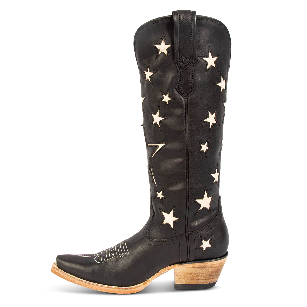 Side view showing two-toned leather and exterior pull strap on FREEBIRD women's Starzz black multi western boot