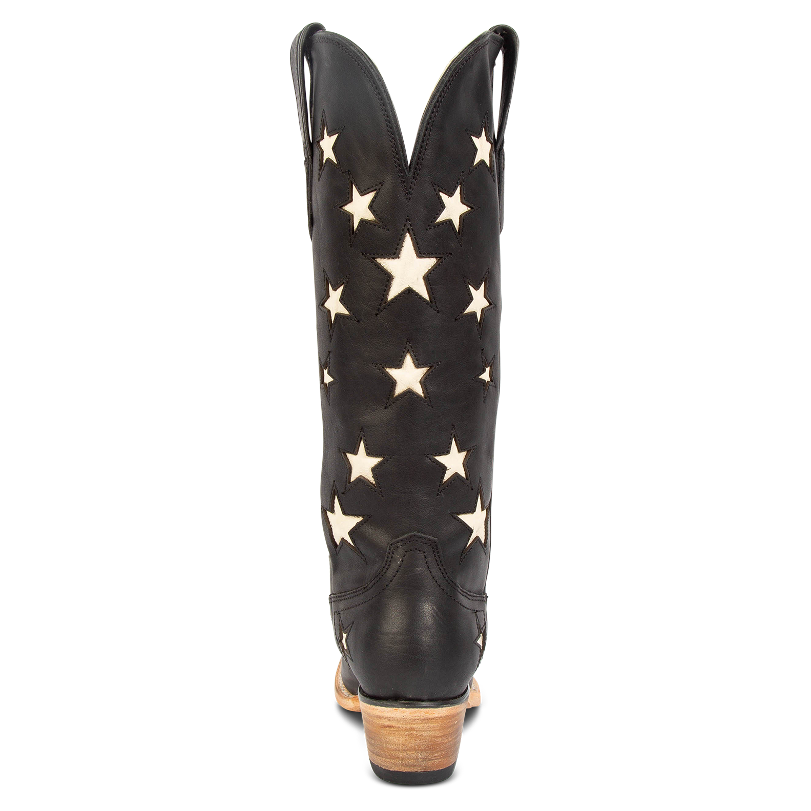 Back view showing star inlay detailing and low heel on FREEBIRD women's Starzz black multi western boot