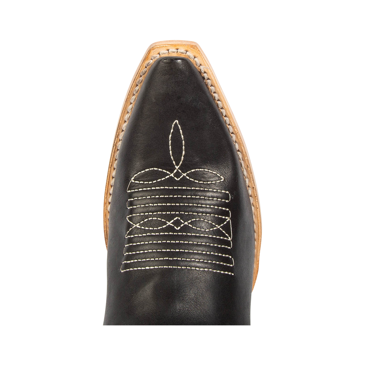 Top view showing snip toe construction and contrasting toe stitching on FREEBIRD women's Starzz black multi western boot
