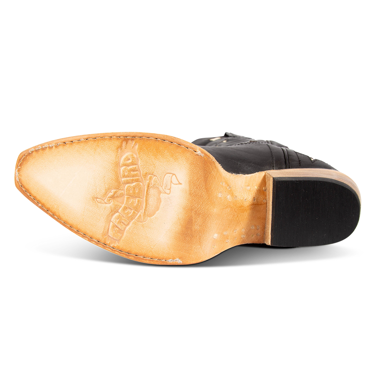 Leather sole imprinted with FREEBIRD on women's Starzz black multi western boo