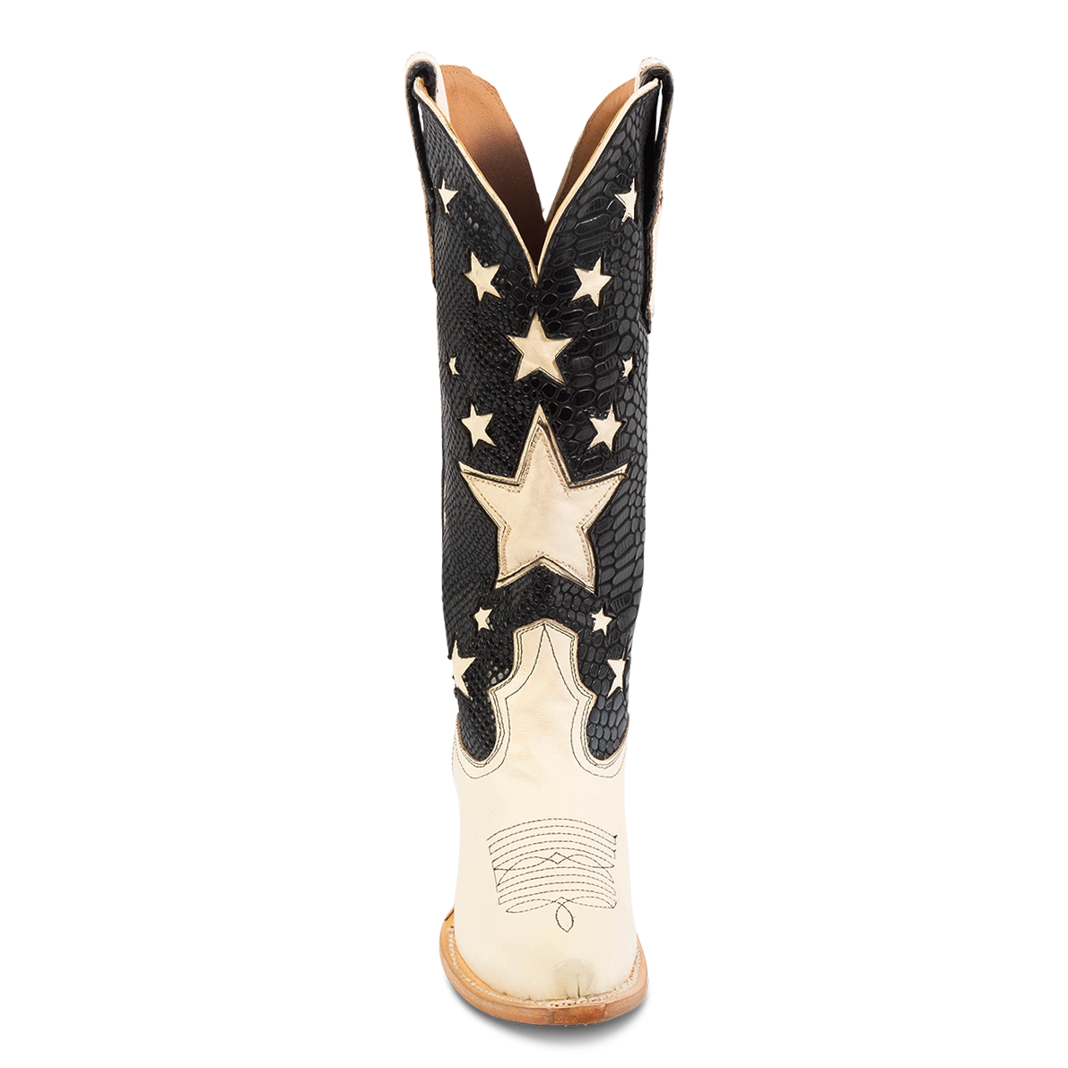 Front view showing two-toned star inlay detailing and front toe stitching on FREEBIRD women's Starzz black western boot