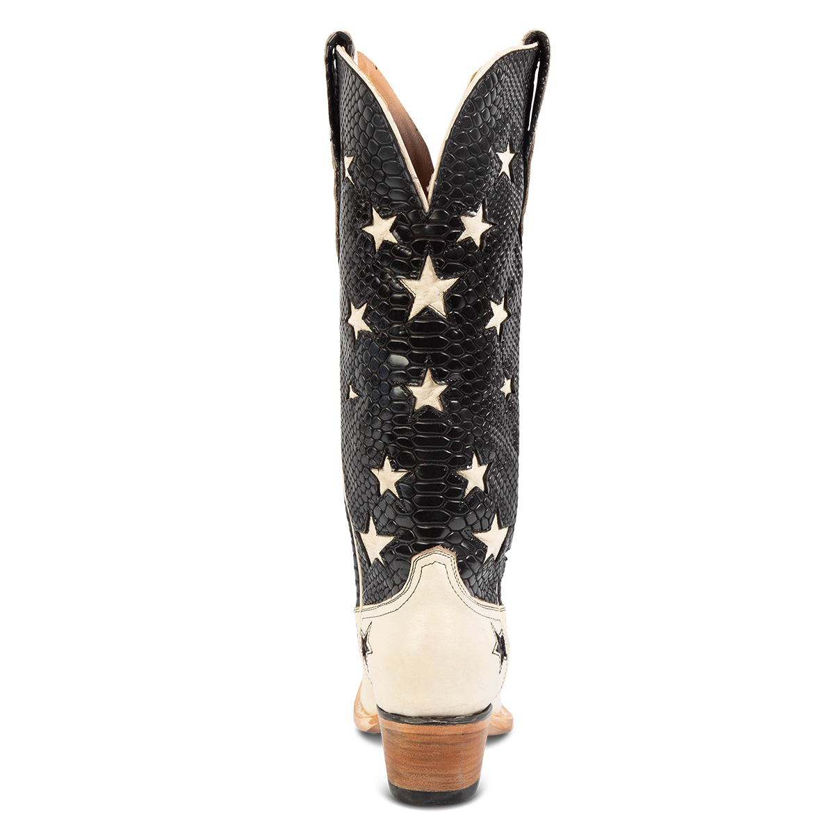 Back view showing star inlay detailing and low heel on FREEBIRD women's Starzz black western boot