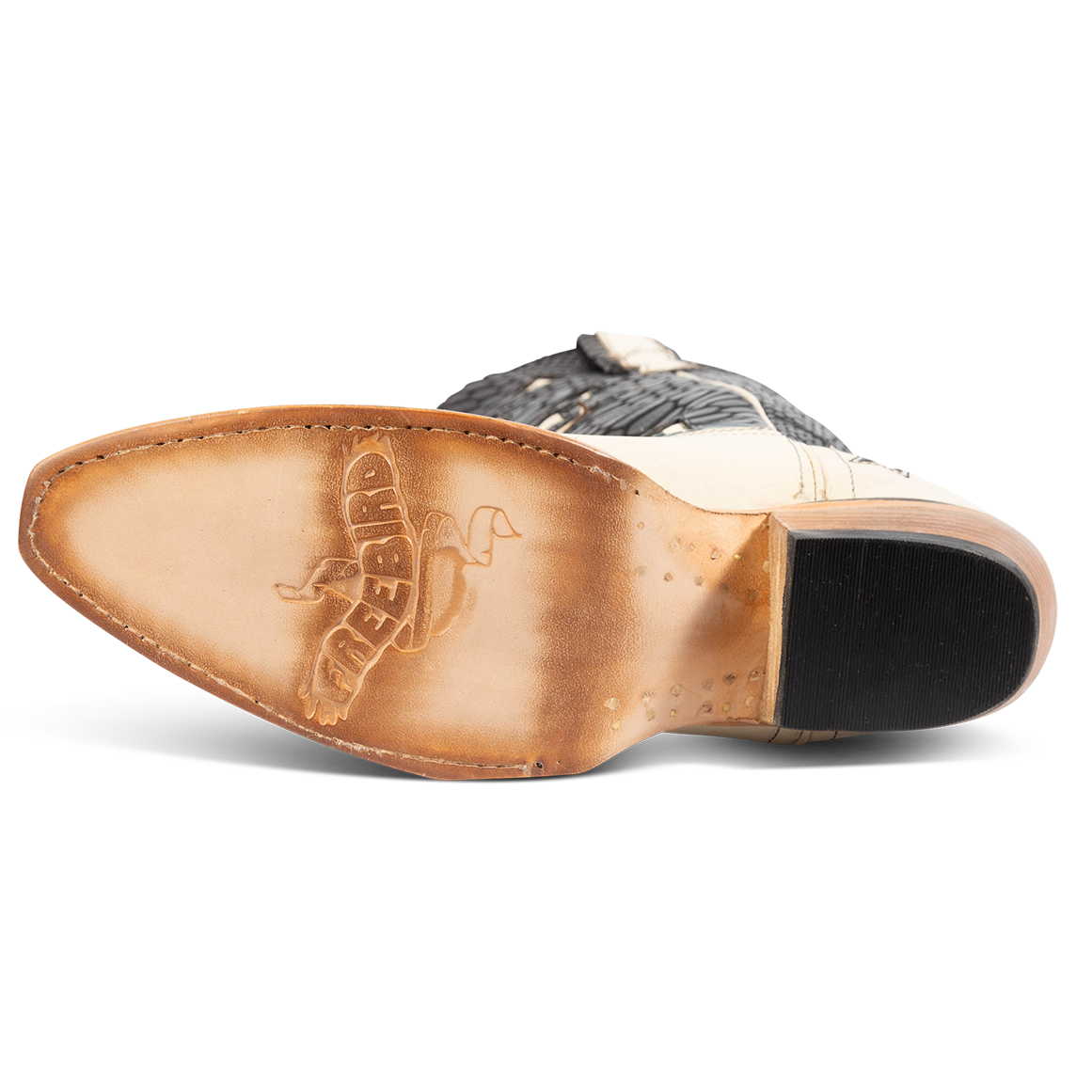 Tan leather sole imprinted with FREEBIRD on women's Starzz black western boot