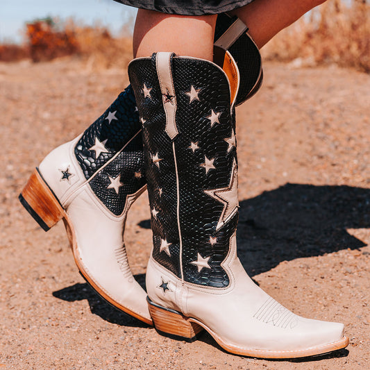 FREEBIRD women's Starzz black leather cowboy boot with two-toned leather star inlay detailing traditional stitching and snip toe construction