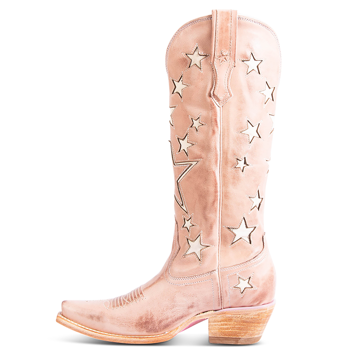 Side view showing two-toned leather and exterior pull strap on FREEBIRD women's Starzz blush western boot