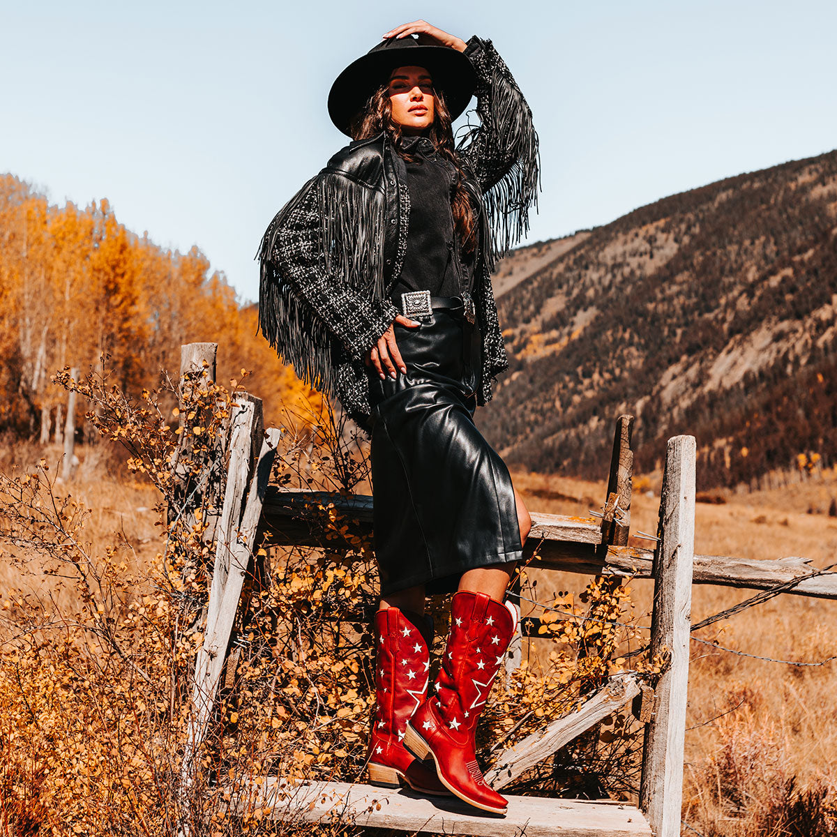 FREEBIRD women's Starzz red multi leather cowboy boot with two-toned leather star inlay detailing traditional stitching and snip toe construction lifestyle