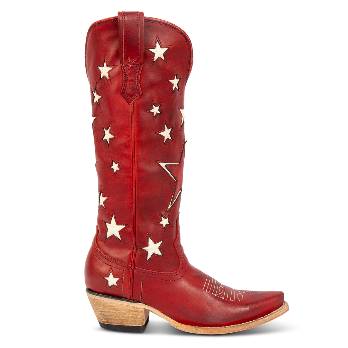 FREEBIRD women's Starzz red leather cowboy boot with two-toned leather star inlay detailing traditional stitching and snip toe construction