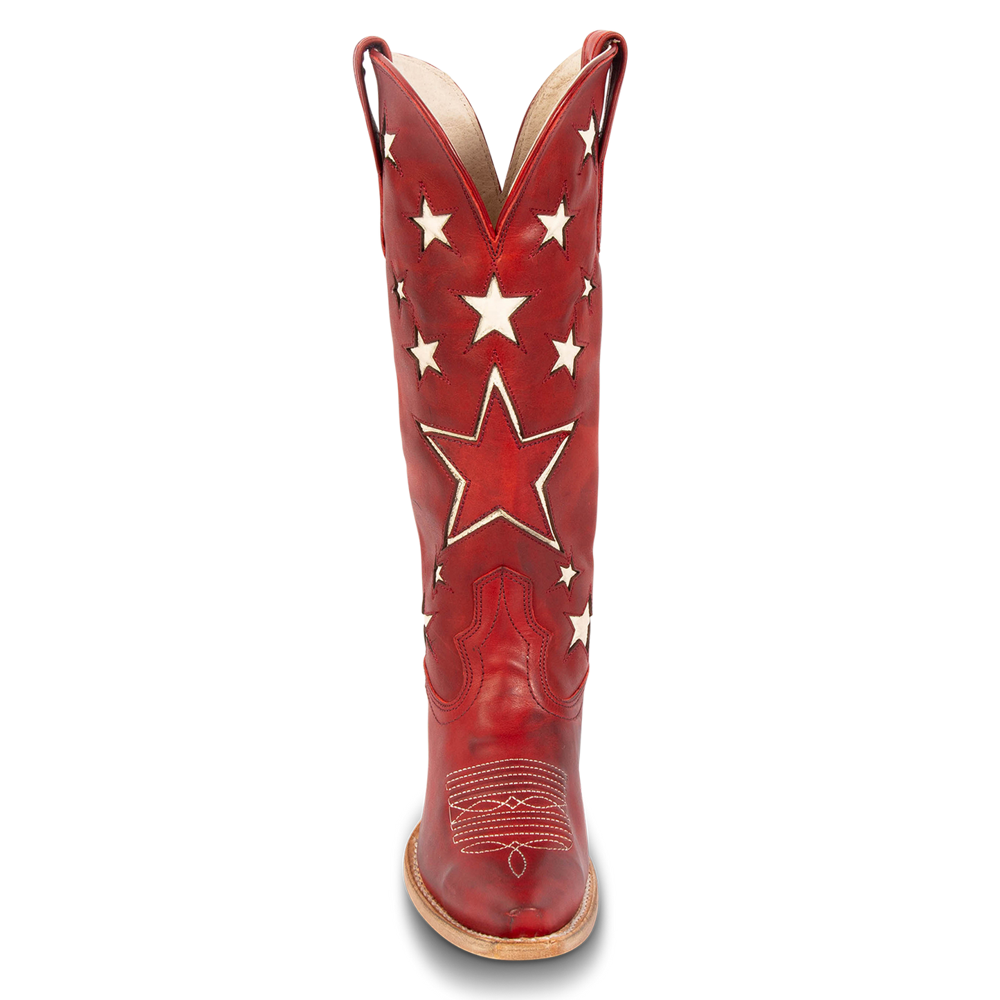 Front view showing two-toned star inlay detailing and front toe stitching on FREEBIRD women's Starzz red western boot