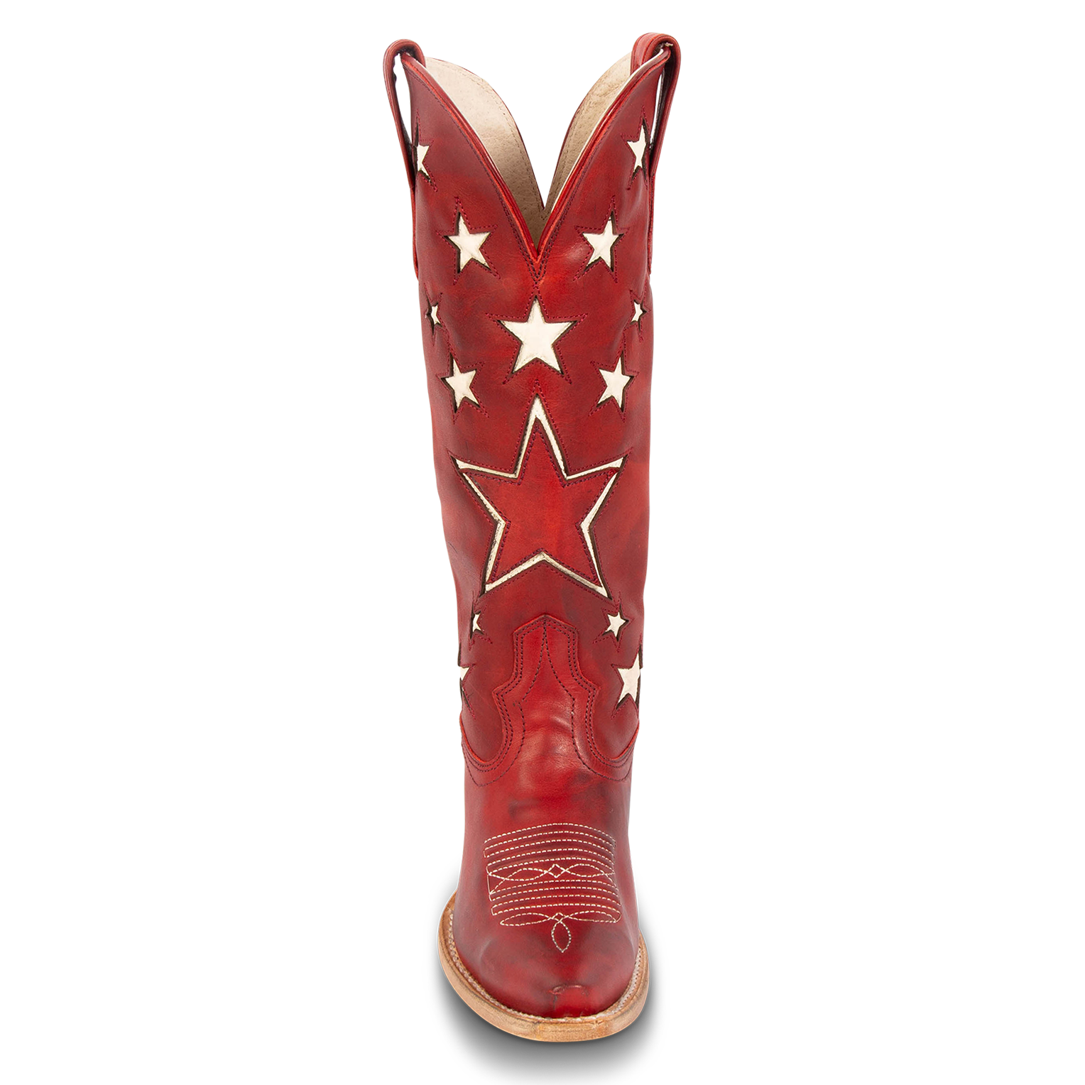 Front view showing two-toned star inlay detailing and front toe stitching on FREEBIRD women's Starzz red western boot