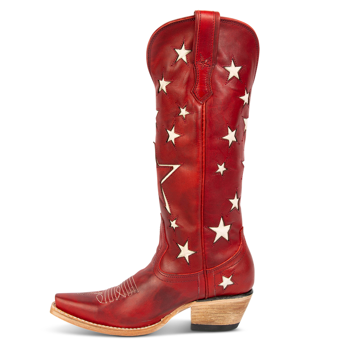 Side view showing two-toned leather and exterior pull strap on FREEBIRD women's Starzz red western boot