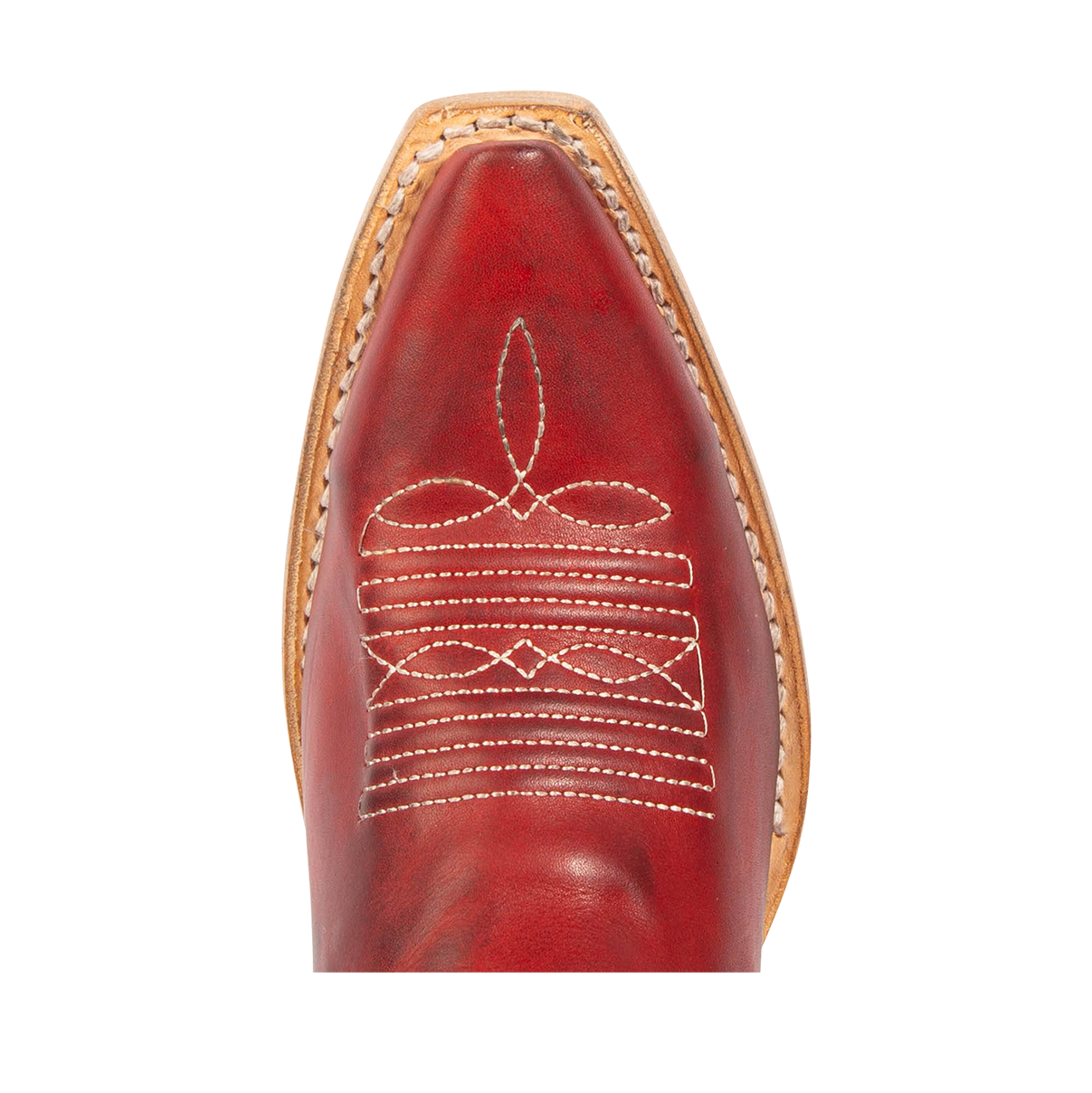 Top view showing snip toe construction and contrasting toe stitching on FREEBIRD women's Starzz red western boot