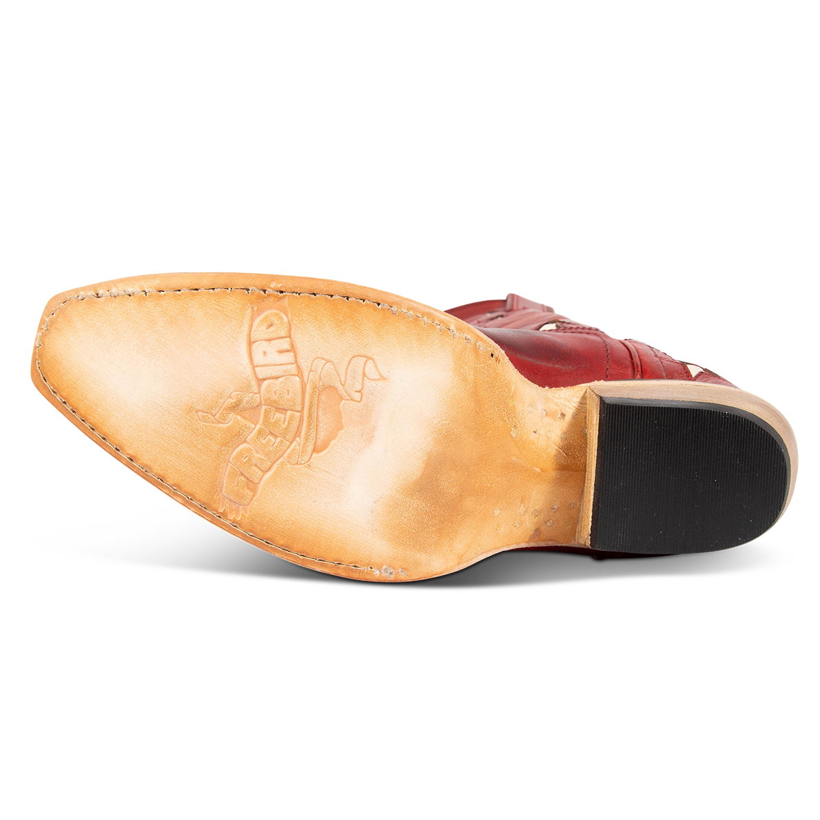 Leather sole imprinted with FREEBIRD on women's Starzz red western boot
