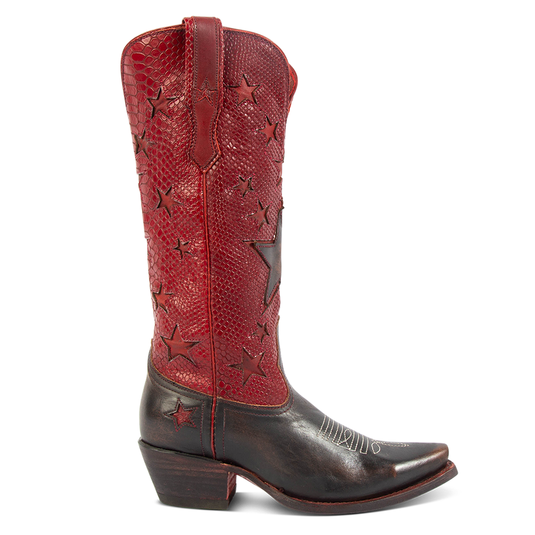 FREEBIRD women's Starzz red leather cowboy boot with two-toned leather star inlay detailing traditional stitching and snip toe construction