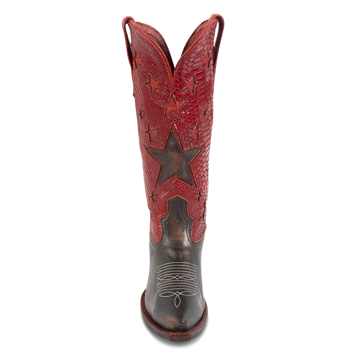 Front view showing two-toned star inlay detailing and front toe stitching on FREEBIRD women's Starzz red western boot