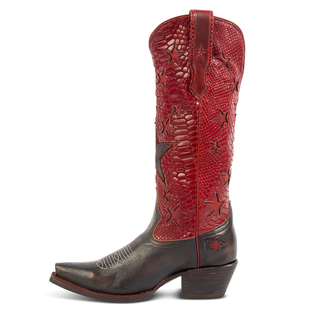 Side view showing two-toned leather and exterior pull strap on FREEBIRD women's Starzz red western boot