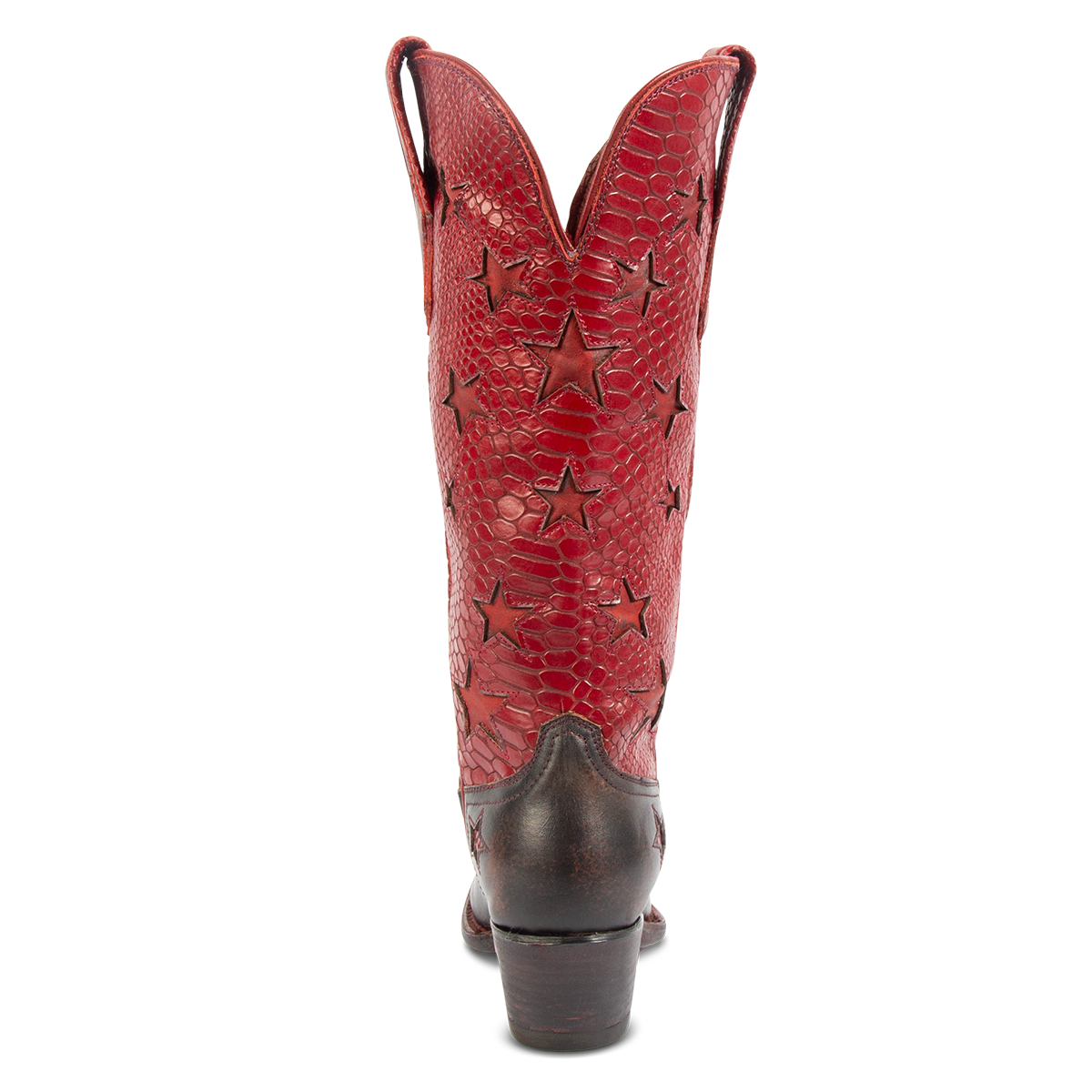 Back view showing star inlay detailing and low heel on FREEBIRD women's Starzz red western boot