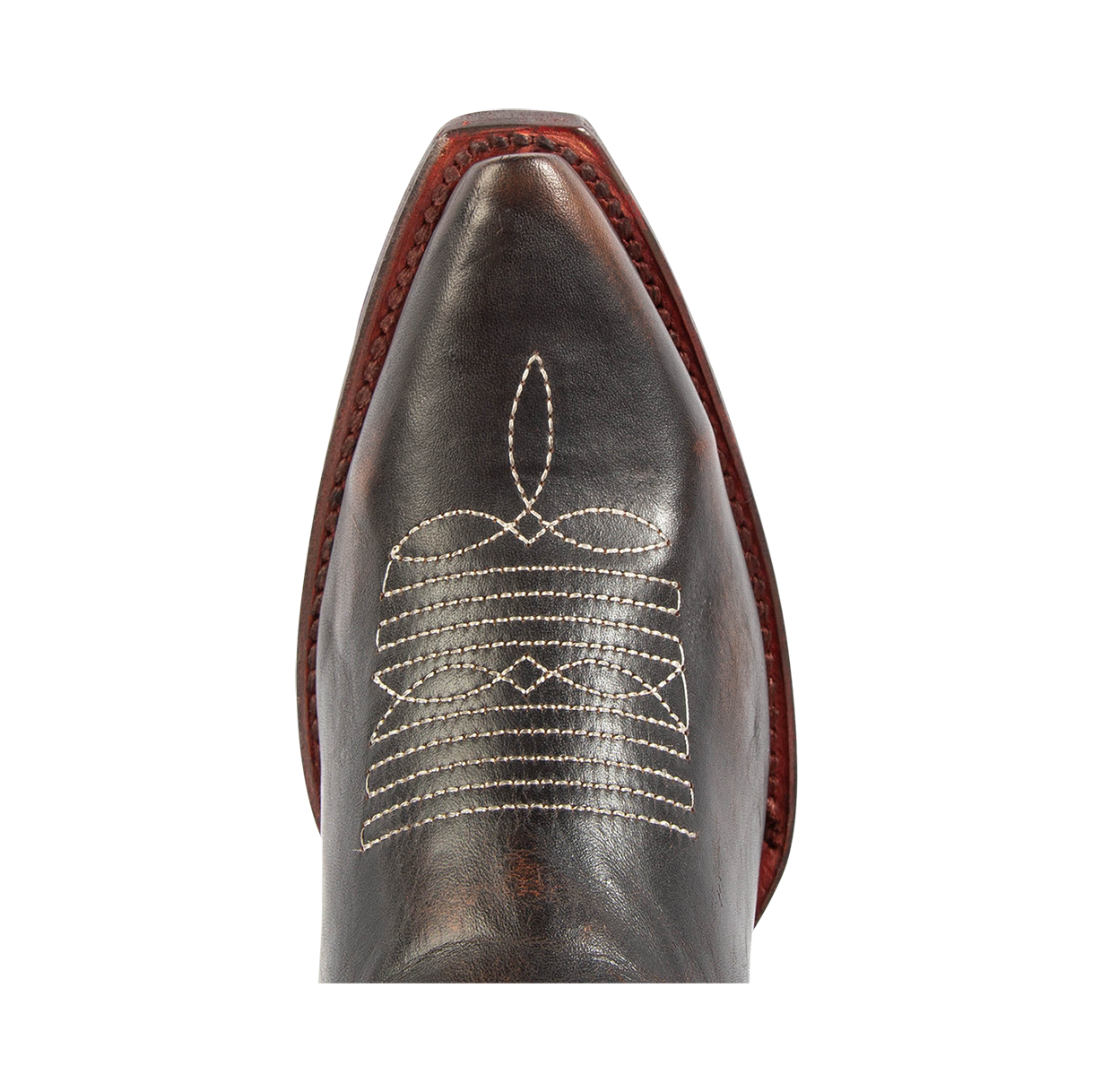 Top view showing snip toe construction and contrasting toe stitching on FREEBIRD women's Starzz red western boot