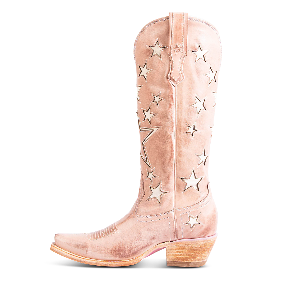 Side view showing two-toned leather and exterior pull strap on FREEBIRD women's Starzz blush western boot