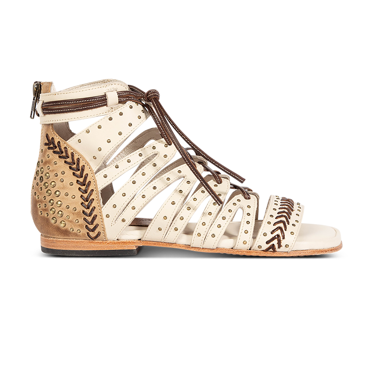 FREEBIRD STORES women's Swan beige leather sandal with two toned leather, stud detailing and a leather lace front closure 