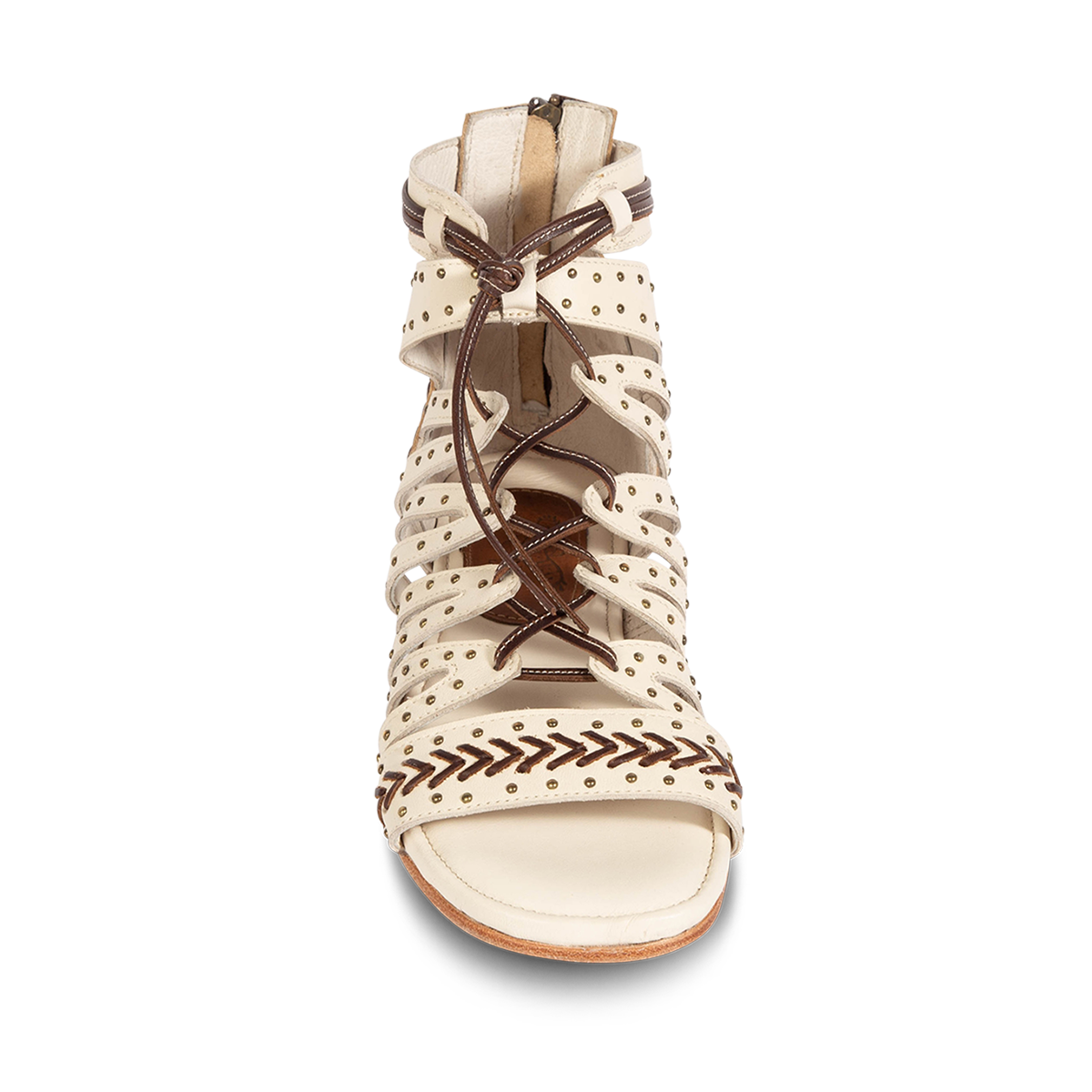 Front view showing FREEBIRD STORES women's Swan beige leather sandal with stud detailing, leather lace front closure  and chevron stitch detailing