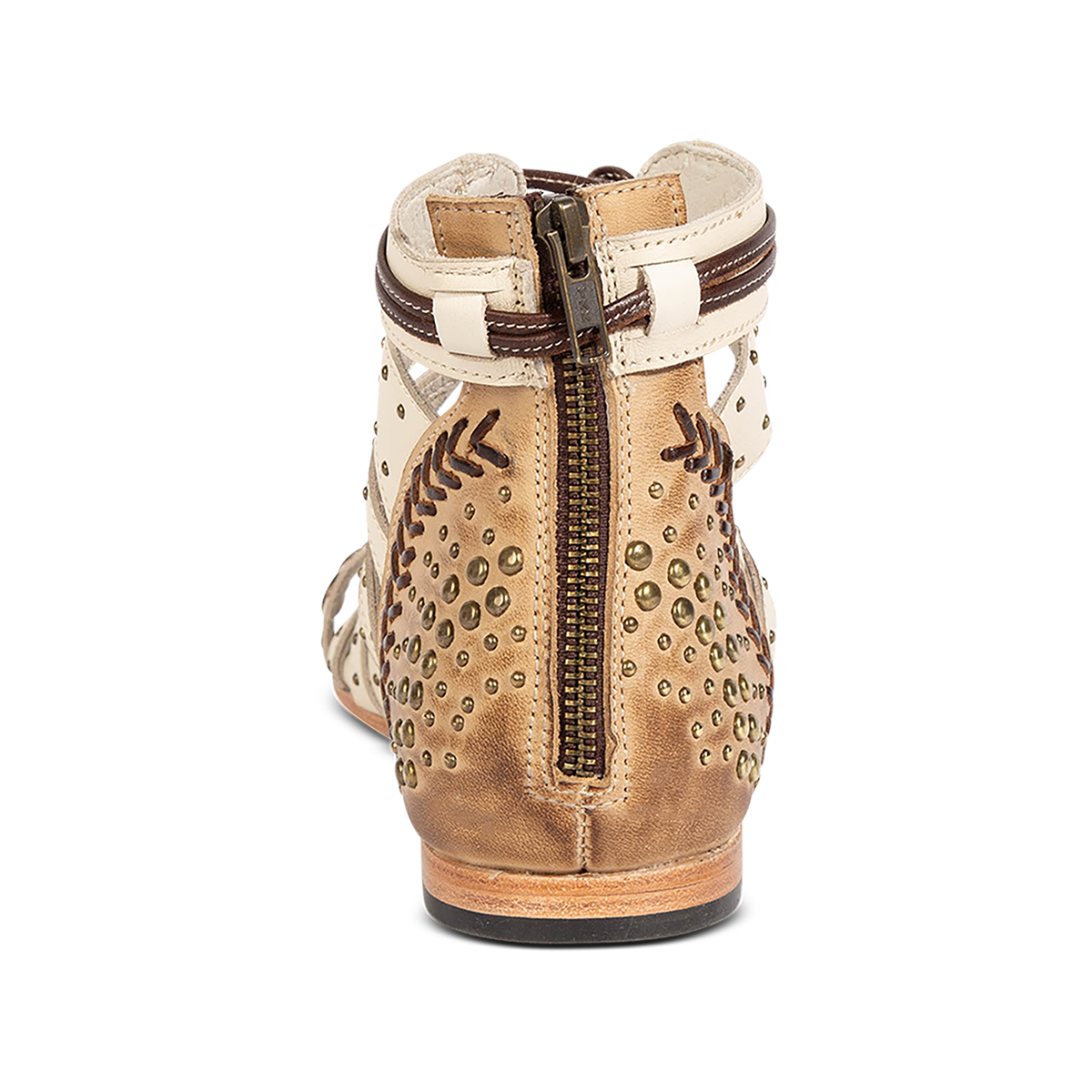 Back view showing FREEBIRD STORES women's Swan beige leather sandal with two toned leather, stud detailing and a brass zipper closure