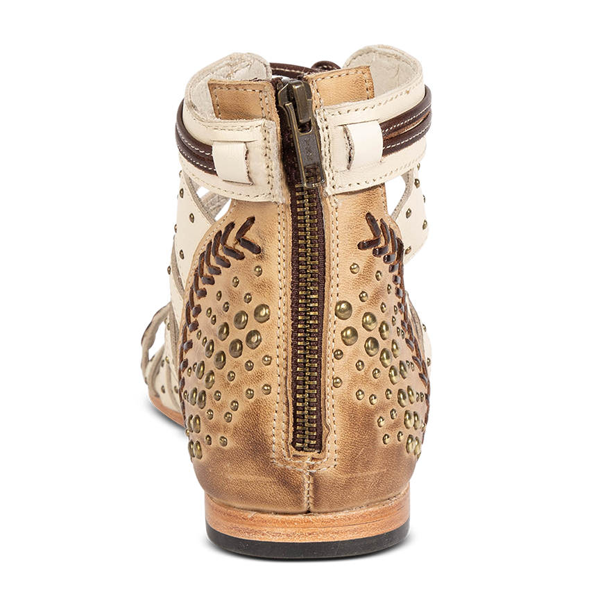 SWAN beige leather low heel sandals featuring a two-toned design, intricate stud detailing, and open toe construction.