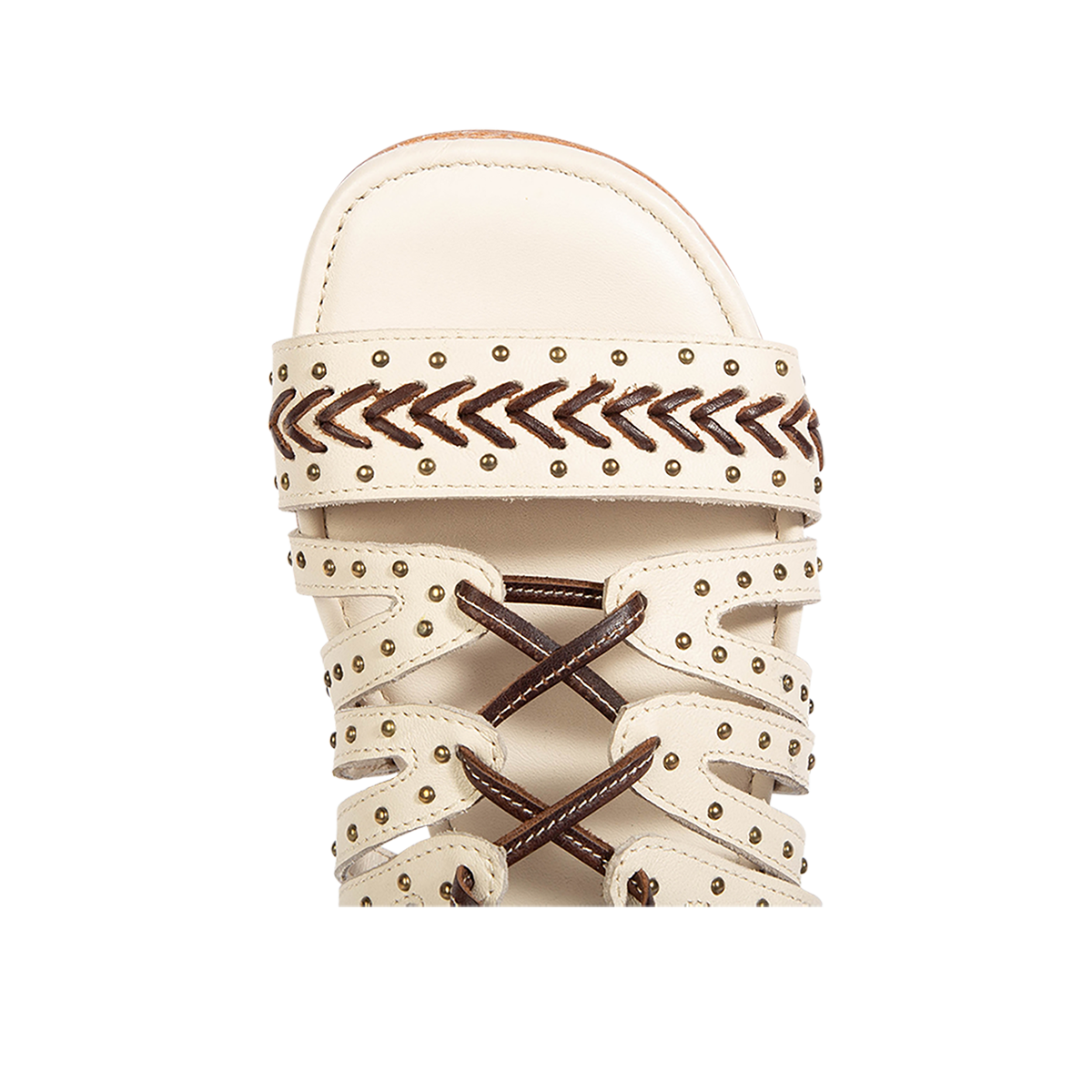 Top view showing chevron stitching, stud embellishments and open toe construction on FREEBIRD women's Swan beige leather sandal 