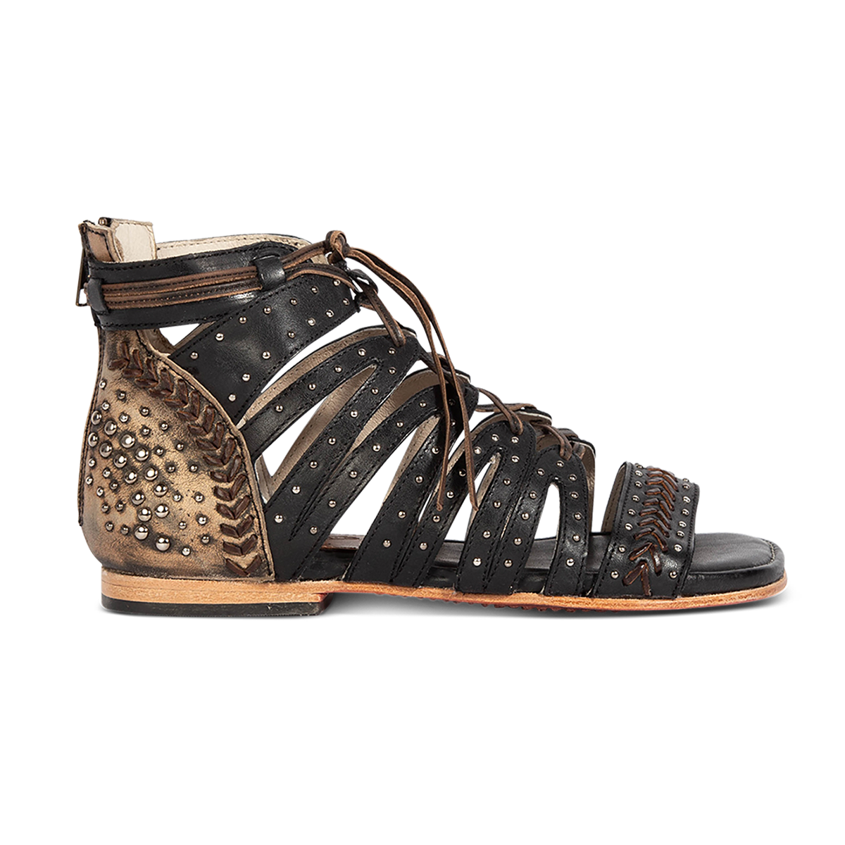 FREEBIRD STORES women's Swan black leather sandal with two toned leather, stud detailing and a leather lace front closure 