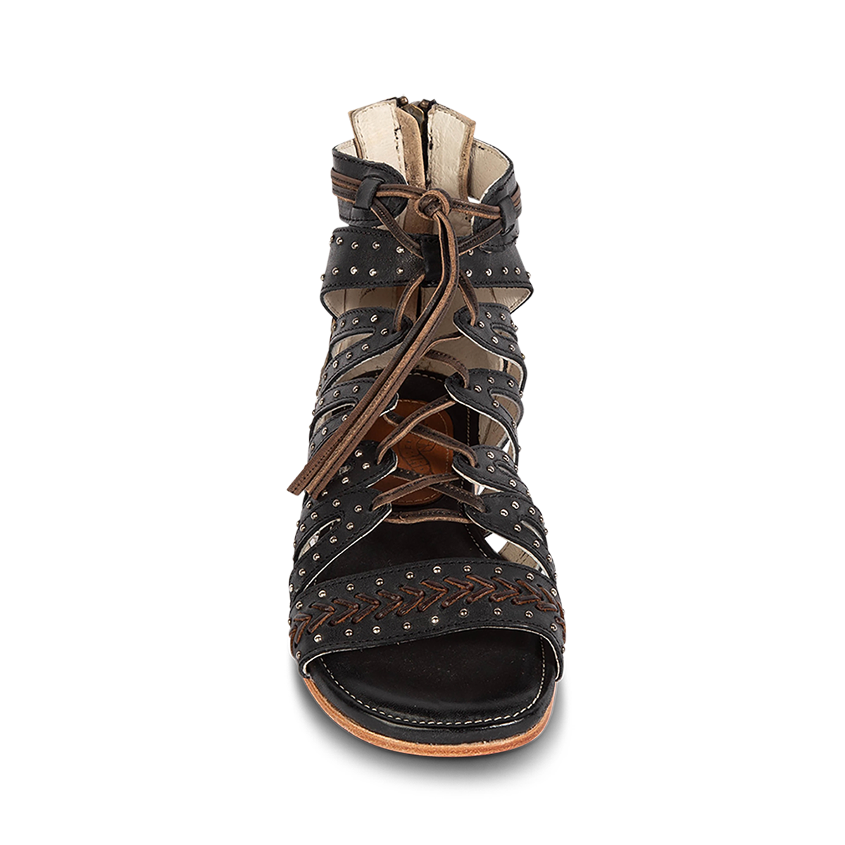 Front view showing FREEBIRD STORES women's Swan black leather sandal with stud detailing, leather lace front closure  and chevron stitch detailing