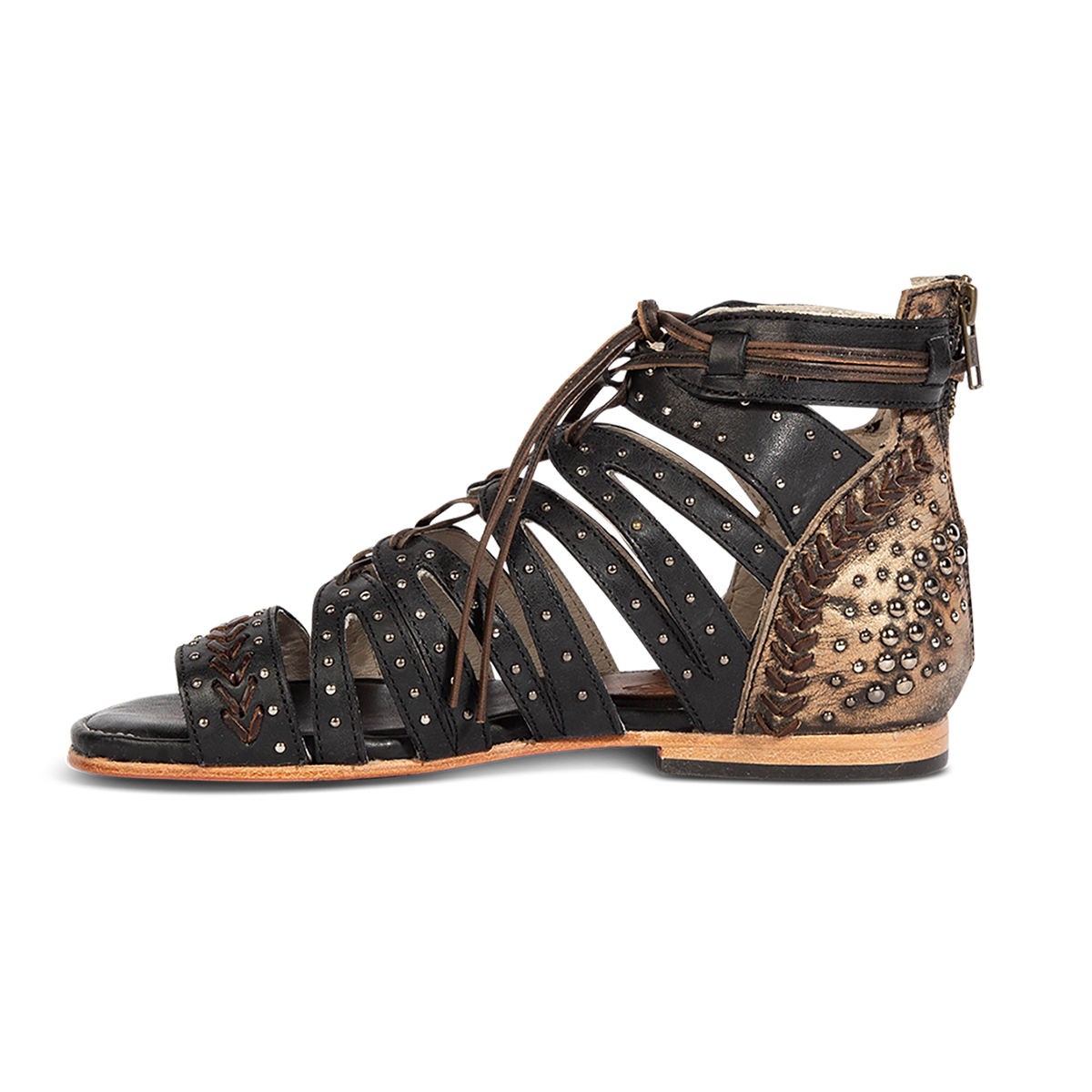 Inside view showing FREEBIRD STORES women's Swan black leather sandal with two toned leather, stud detailing and a leather lace front closure 