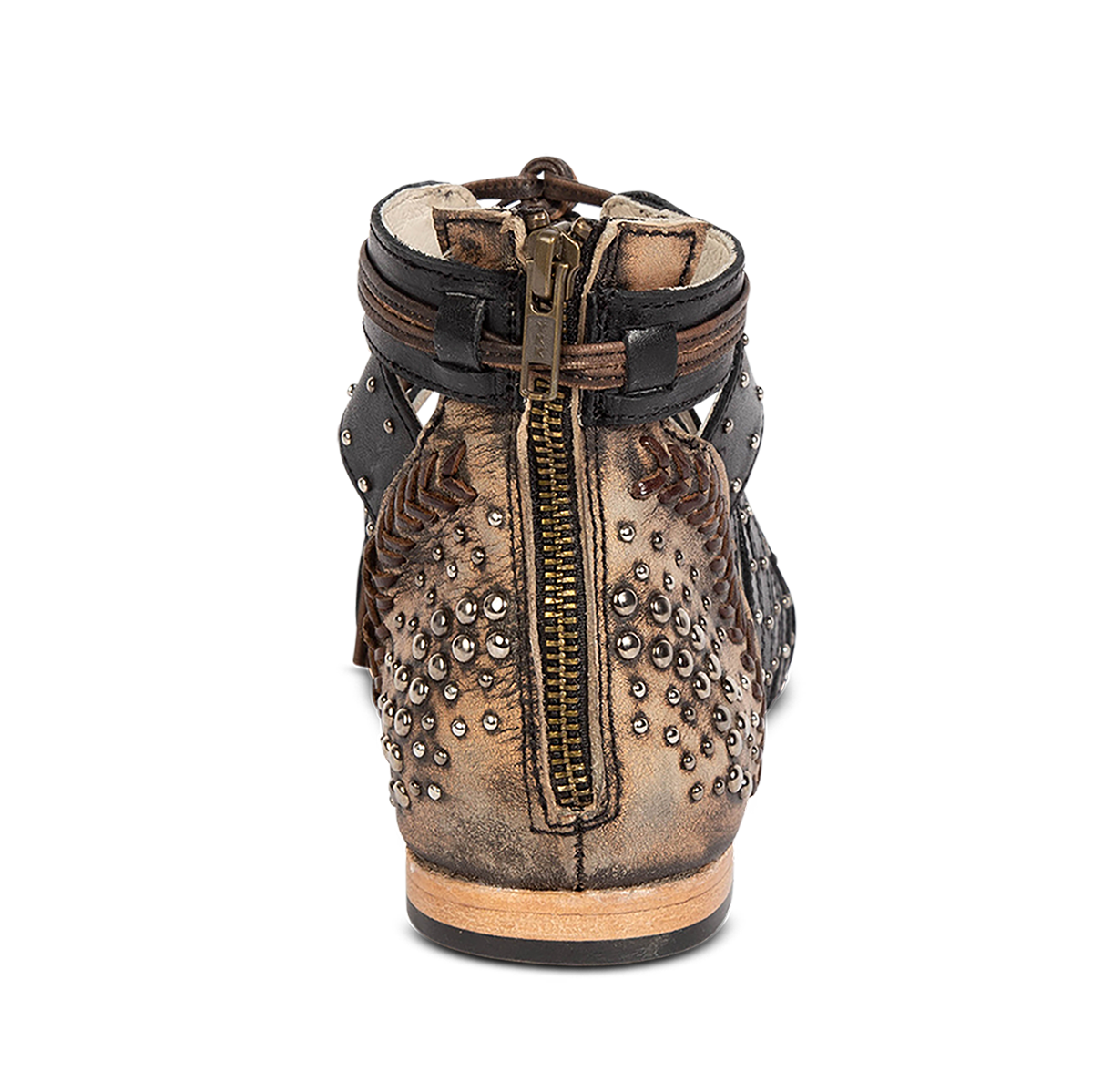 Back view showing FREEBIRD STORES women's Swan black leather sandal with two toned leather, stud detailing and a brass zipper closure