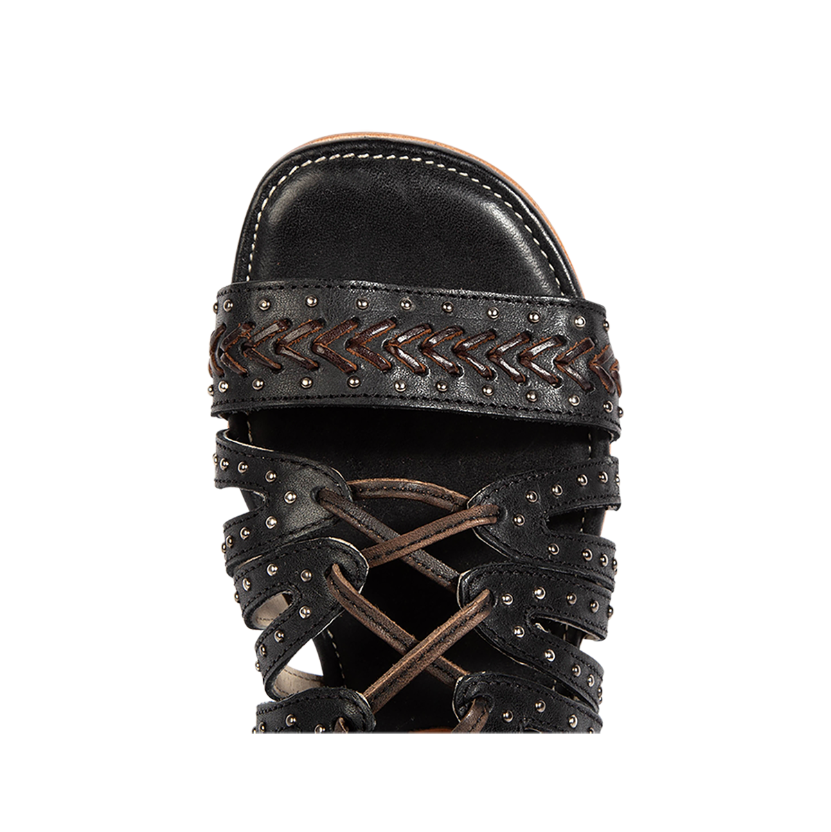 Top view showing chevron stitching, stud embellishments and open toe construction on FREEBIRD women's Swan black leather sandal 