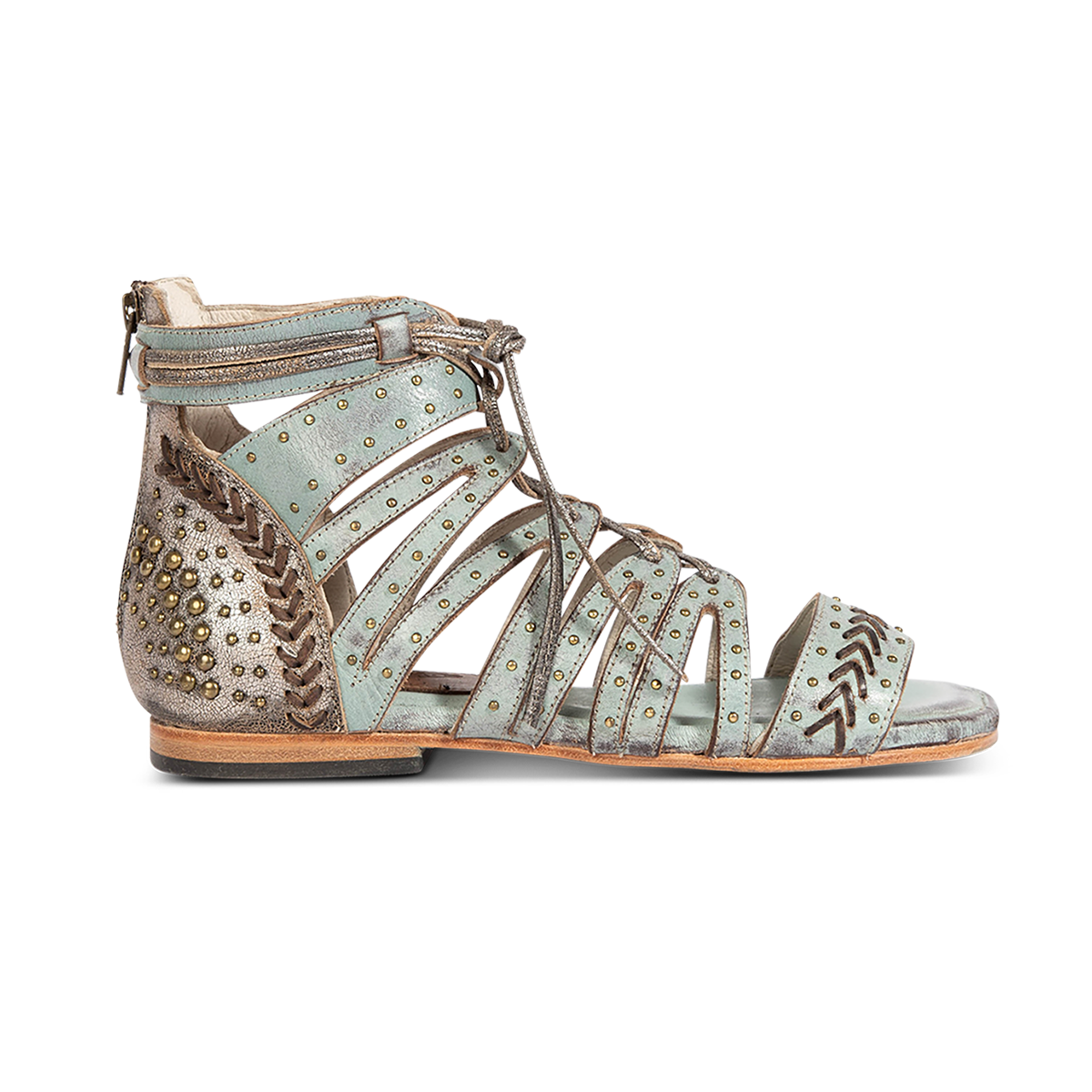 FREEBIRD STORES women's Swan blue leather sandal with two toned leather, stud detailing and a leather lace front closure 