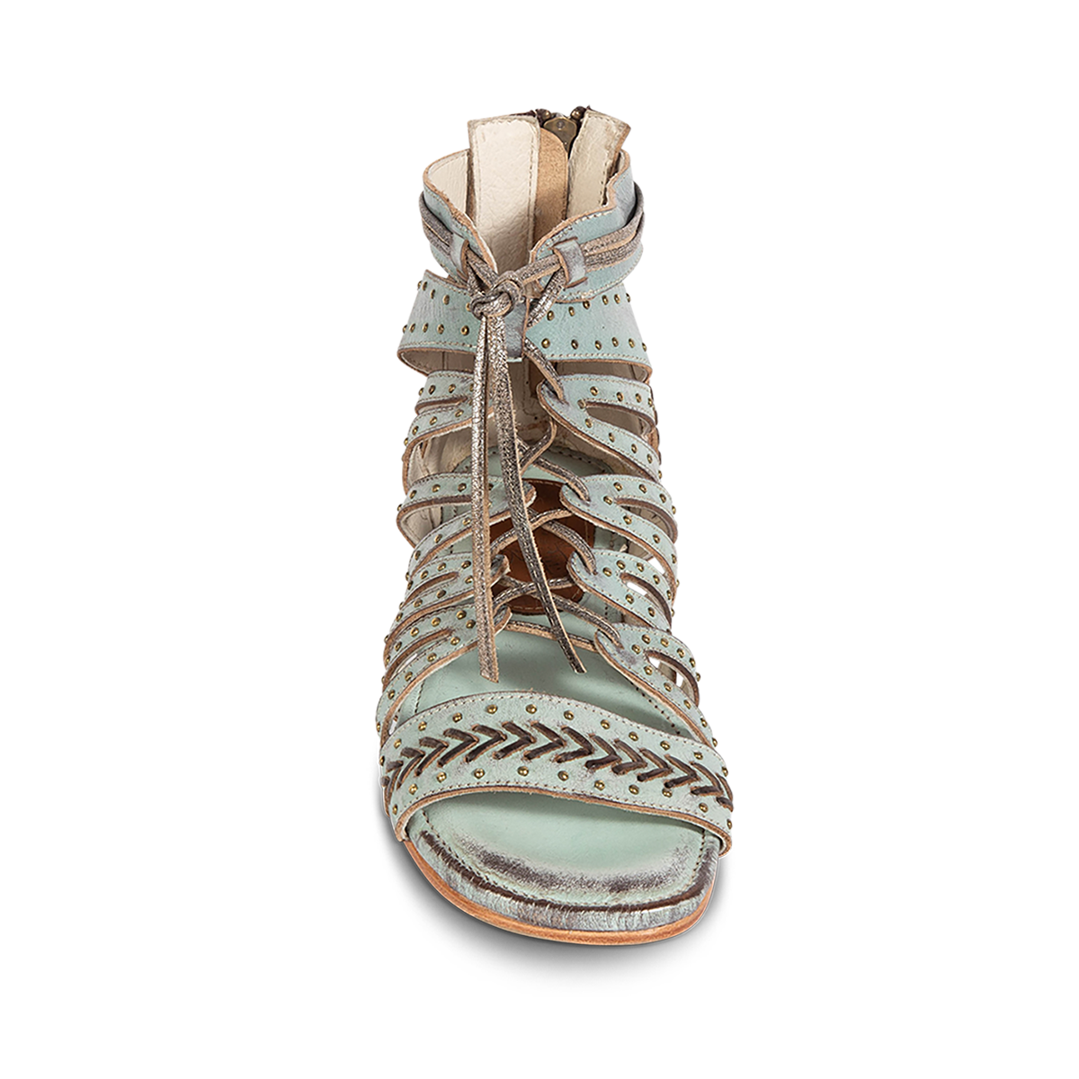 Front view showing FREEBIRD STORES women's Swan blue leather sandal with stud detailing, leather lace front closure  and chevron stitch detailing